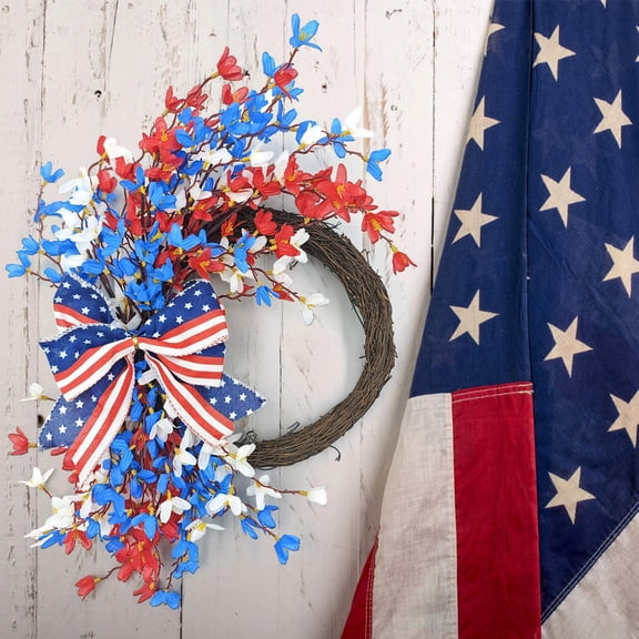 Sltwyw Burlap Ribbon Wreath - Red White Blue Front Door Decor for Independence Day, Rustic Patriotic Wall Hanging with Berry Accents