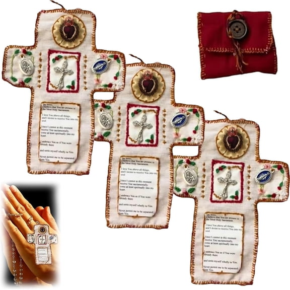 Sltwyw Pocket Shrine with Silver Cross Included Inside, Handmade Stitched Pocket Shrine, Mini Shrine Pouch, Fabric Embroidered Blessing Pocket Shrine for Christians and Prayer