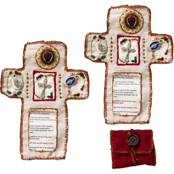 Sltwyw Pocket Shrine with Silver Cross Included Inside, Handmade Stitched Pocket Shrine, Mini Shrine Pouch, Fabric Embroidered Blessing Pocket Shrine for Christians and Prayer