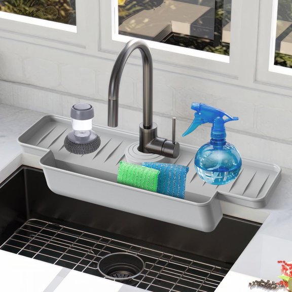 Sltwyw Silicone Faucet Drip Catcher Tray - Kitchen Sink Counter Mat with Grooved Drainage for Dish Drying and Splash Control