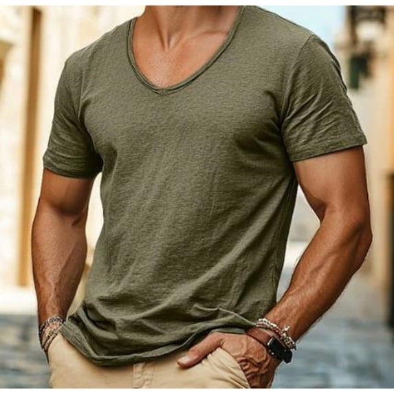 Slub Cotton V-Neck Tees for Men with Short Sleeves and Breathable Fabric Featuring Textured Knit for Summer Days Office Casuals Weekend Brunches Backyard Bbqs Beach Walks Army Green L