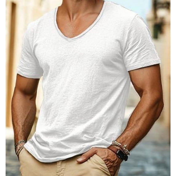 Slub Cotton V-Neck Tees for Men with Short Sleeves and Breathable Fabric Featuring Textured Knit for Summer Days Office Casuals Weekend Brunches Backyard Bbqs Beach Walks White L