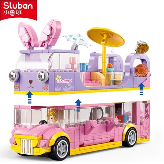Sluban City Building Blocks Set Pink Dream Model Bricks Educational Toy with Rabbit Bus Car And Holiday Plane for Girls