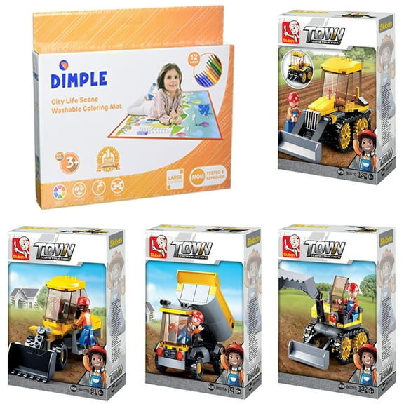 SlubanKids Tractor Excavator, Bulldozer, Dump Truck, Building Blocks Building Toy Set 438 Pcs & Dimple Kids Coloring Play Mat with 12 Washable Markers For Kids