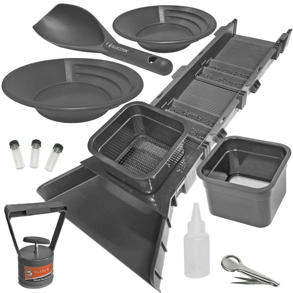 Sluice Fox 31 inch Sluice Box Compact Gold Panning Kit; portable sluice box and 2 classifier sifting pans; classify while you sluice with this patented prospecting tool set (Black)