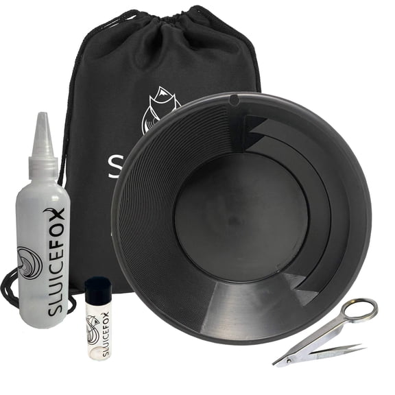 Sluice Fox Gold Panning Starter Kit; Gold Snifter Bottle | 11 inch spiral gold pan with dual riffles; Basic Gold Prospecting Kit (11 inch black color)