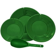 Sluice Fox Prospectors Gold Panning Starter Kit with 3 Different Size Gold Pans with Dual Riffles, Pay Dirt Sand Scoop; Basic Gold Prospecting Kit Green