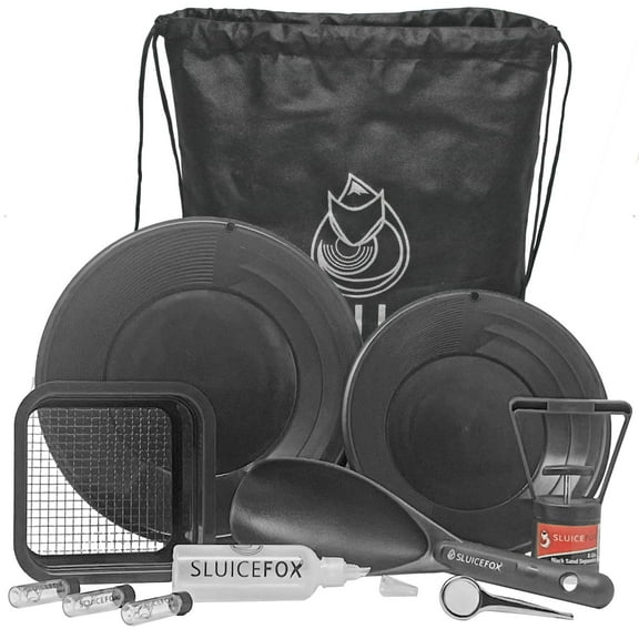 Sluice Fox Sluice Fox backpack gold prospecting kit with classifier: Two spiral gold pans, plastic gold shovel or pay dirt scoop and black sand gold separator magnet (black color set)