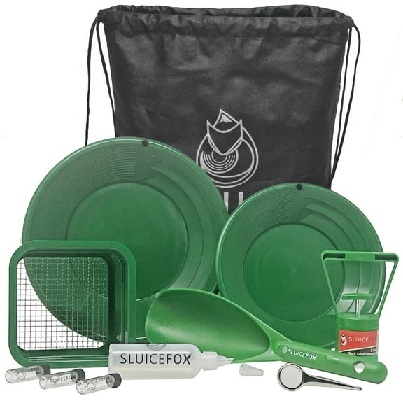 Sluice Fox Sluice Fox backpack gold prospecting kit with classifier: Two spiral gold pans, plastic gold shovel or pay dirt scoop and black sand gold separator magnet (green color set)