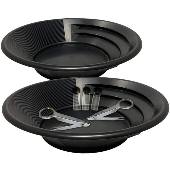 Sluice Fox Two gold panning kits; Two black gold pans with gold trap and dual riffles, two stainless steel magnifying tweezers, and three glass gold storage vials