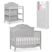 Slumber Baby Nursery Essentials Bundle Jasmine 4 in 1 Convertible Crib, Slumber Baby Jasmine Changing Table, with a Dream On Me Honeycomb Orthopedic Firm Fiber Standard Crib Mattress In Platinum