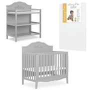 Slumber Baby Nursery Essentials Bundle Jasmine 4-in-1 Convertible Mini Crib, Slumber Baby Jasmine Changing Table, with a Dream On Me Sunset 3 Extra Firm Fiber Portable Crib Mattress In Platinum