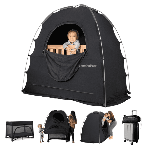 SlumberPod The Original Blackout Sleep Tent Travel Essential for Babies and Toddlers, Mini Crib and Pack N Play Cover, Sleep Pod for Kids with Monitor Pouch and Fan Pouch, Blocks 95% Light, Black