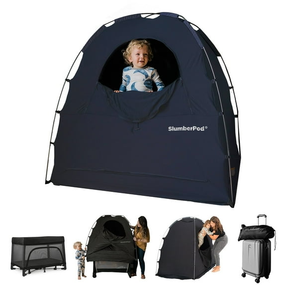 SlumberPod The Original Blackout Sleep Tent Travel Essential for Babies and Toddlers, Mini Crib and Pack N Play Cover, Sleep Pod for Kids with Monitor Pouch and Fan Pouch, Blocks 90% Light, Navy