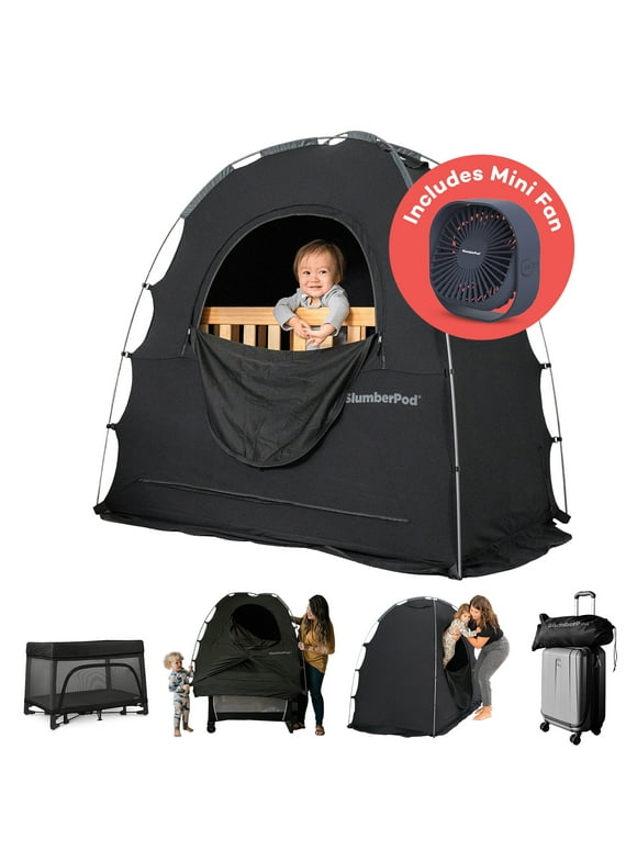 SlumberPod The Original Blackout Sleep Tent Travel Essential for Baby and Toddlers, Mini Crib and Pack n Play Cover, Sleep Pod with Monitor Pouch and Fan Pouch (includes Fan), Blocks 90% Light, Black