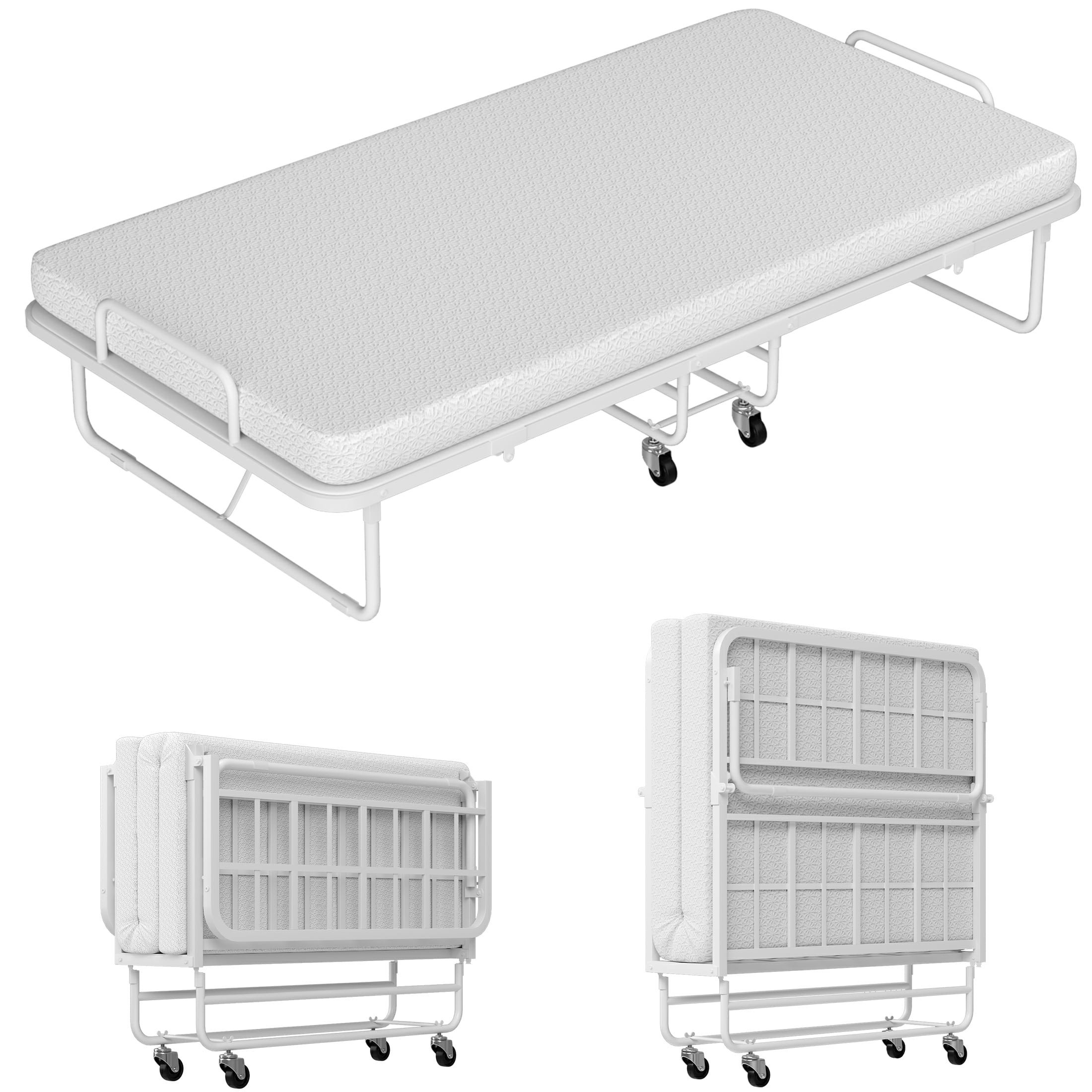 Slumbrae Folding Bed with Mattress, Twin Size, Heavy Duty Steel Slat Frame, Portable Rollaway Bed with Memory Foam Mattress with Bamboo Rayon Cover, Easy Assembly, Ideal for Guests & Camping, White