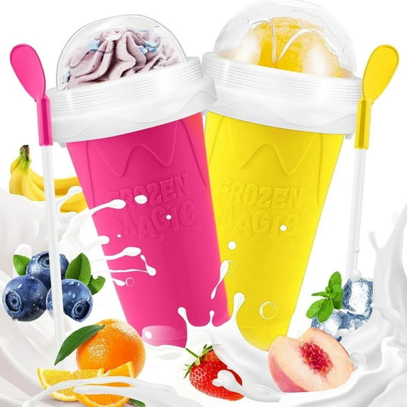 Slushie Cup, 2 Pack Frozen Magic Slushy Cup, Reusable Slushie Maker Cup for Juice Milk Yogurt Ice Cream Make, DIY Slushy Maker Cups with Lid & Straw for Kids Friends Family (Pink+Orange)