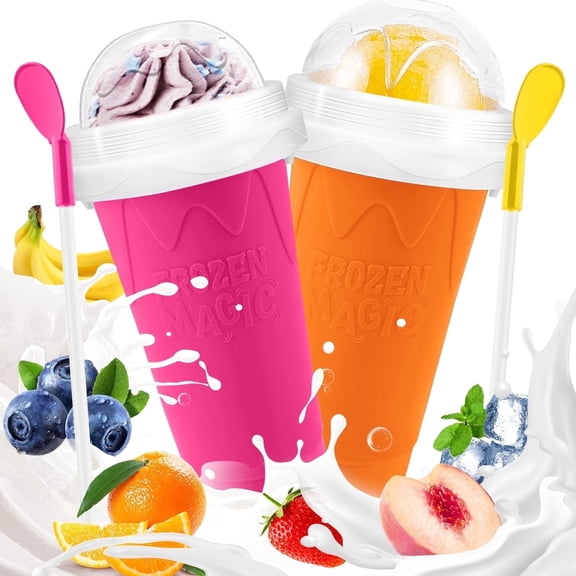 Slushie Cup, 2 Pack Slushy Maker Cup, Frozen Magic Squeeze Cups for Juice Milk Yogurt Ice Cream Make, DIY Cooling Cup with Lid & Straw Cool Stuff Things for Kids Friends FamilyPink+Orange