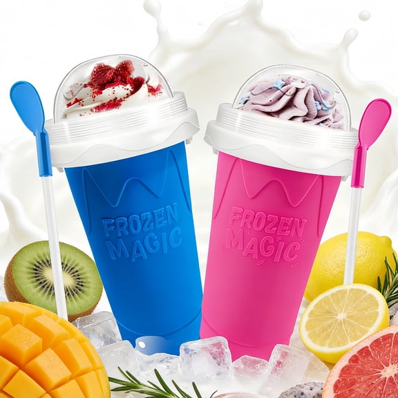 Slushie Cup, 2 Pack Slushy Maker Cup, Frozen Magic Squeeze Cups for Juice Milk Yogurt Ice Cream Make, DIY Smoothie Cooling Cup with Lid & Straw for Kids Friends Family