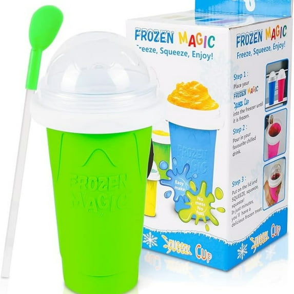 Slushie Cup, DIY Slushy Maker Cup, Frozen Magic Squeeze Cups for Juice Milk Yogurt Ice Cream Make, DIY Smoothie Cooling Cups with Lid & Straw for Kids Friends Family (Green)