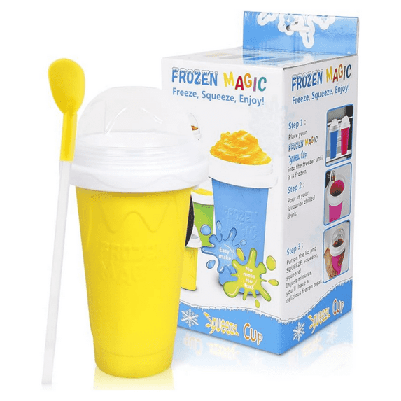 Slushie Cup, DIY Slushy Maker Cup, Frozen Magic Squeeze Cups for Juice Milk Yogurt Ice Cream Make, DIY Smoothie Cooling Cups with Lid & Straw for Kids Friends Family (Yellw)