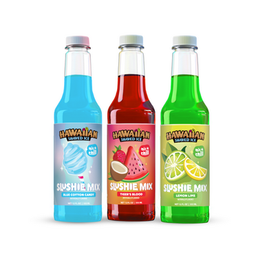 Slushie Syrups Mix 3-Pack by Hawaiian Shaved Ice, Tiger’s Blood, Blue Cotton Candy & Lemon-Lime, Perfect for Slushies, Three 12 oz Bottles, Mix with water, lemonade, juice and more