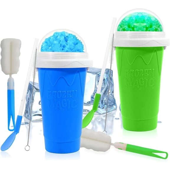 Slushy Cup Slushie Maker Ice Cup Silica Cup Pinch Cup Summer Cooler Smoothies Cup Double Layer Squeeze Cup Slush Maker Cup Home DIY Smoothie Cup for Children and Adult (Blue & Green)