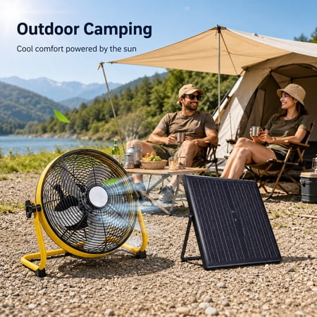 Sluting 12" Yellow Solar Rechargeable Floor Fan,30W Adjustable Monocrystalline Solar Panel,Built-in 1500mAh Battery,3-Speed Remote Dual Power Fan for Home Room,Backyard Camping & Greenhouse
