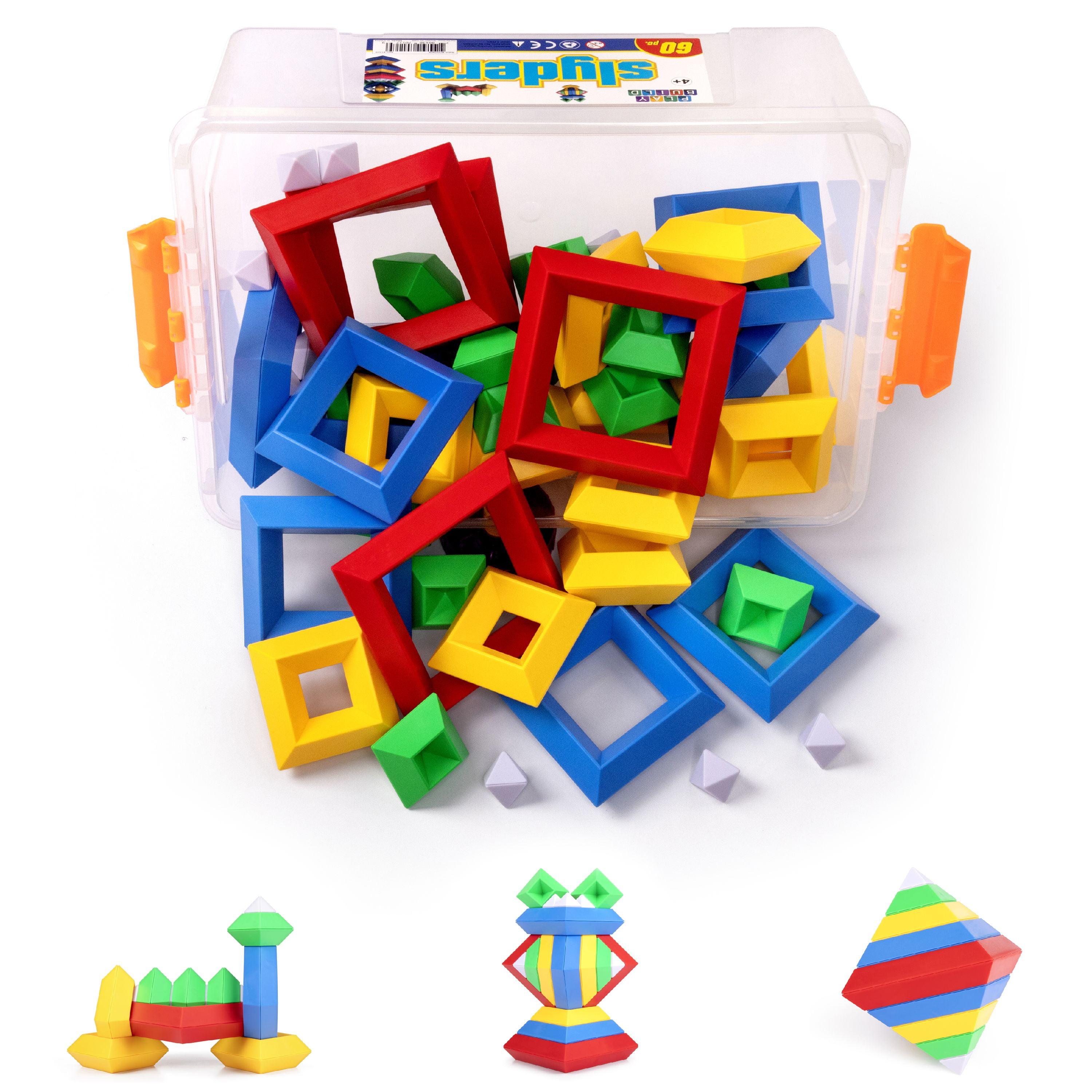 Play Build Slyder Set: 60 Pieces 3D Pyramid Building Blocks, Geometric Stacking Toys for Kids Ages 4+ - Creative Early Childhood STEM Educational Toys for Preschool Boys and Girls