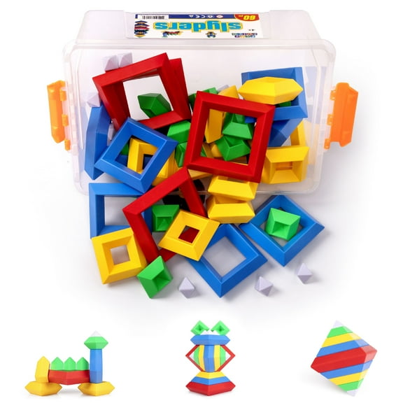 Play Build Slyder Set: 60 Pieces 3D Pyramid Building Blocks, Geometric Stacking Toys for Kids Ages 4+ - Creative Early Childhood STEM Educational Toys for Preschool Boys and Girls