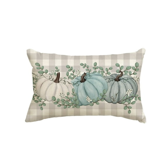 Sm:)e 12 x 20 Fall Thanksgiving Pillow Cover Buffalo Plaid, Blue Pumpkins Eucalyptus Leaves
