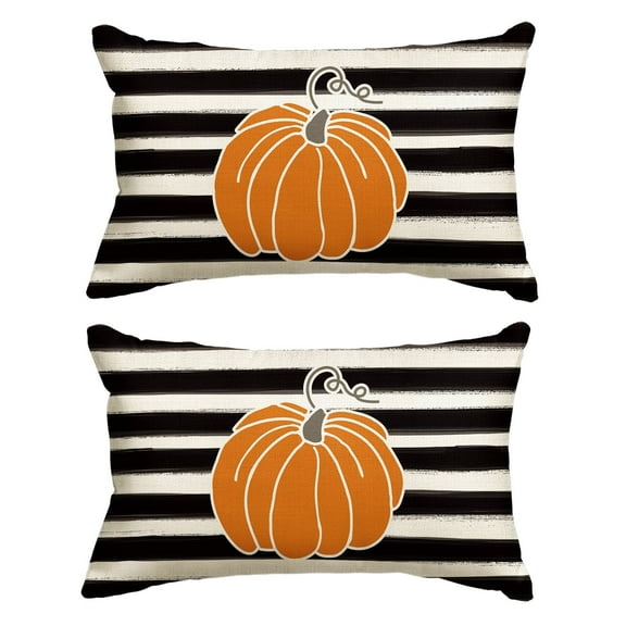 Sm:)e 12x20 Inch Fall Pillow Cover Set of 2, Watercolor Stripes Pumpkin Decorative Outdoor Cushion Cover