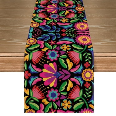 Sm:)e 13"x72" Black Floral Dia De Los Muertos Serape Table Runner, Polyester, Mexican Fiesta Design, Party Kitchen Dining Decoration