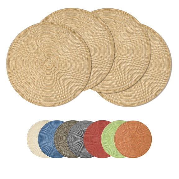 Sm:)e 15 Inch Round Braided Woven Placemats Set of 4, Cotton Polyester Washable Heat Resistant Placemats, Decor for Kitchen Dining Table and Party(Beige)
