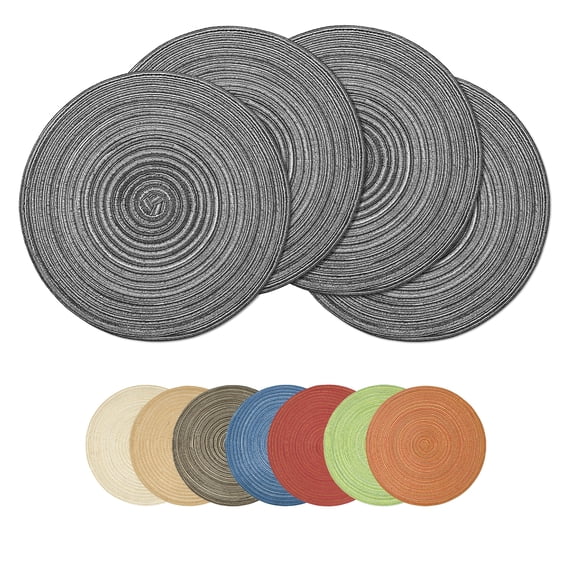 Sm:)e 15 Inch Round Braided Placemats Set of 4, Cotton Polyester Washable Heat Resistant Placemats, Decor for Kitchen Dining Table and Party(Grey)