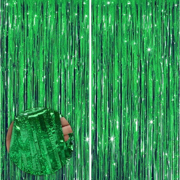 Sm:)e 2-Pack Light Blinking Green Foil Fringe Curtains for Events - Birthday, Wedding, Graduation, Christmas, Baby Shower, various festivals Decor Photo Booth Fun!