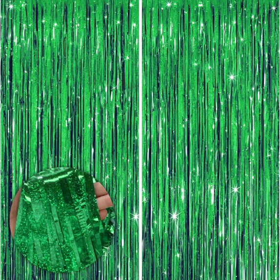 Sm:)e 2-Pack Light Blinking Green Foil Fringe Curtains for Events - Birthday, Wedding, Graduation, Christmas, Baby Shower, various festivals Decor Photo Booth Fun!