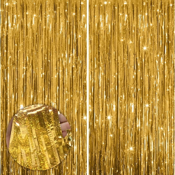 Sm:)e 2-Pack Light Bright Blinking Golden Foil Fringe Curtains for Events - Birthday, Wedding, Graduation, Christmas, Baby Shower, various festivals Decor Photo Booth Fun!