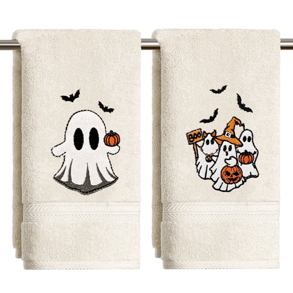 Sm:)e 2 Pc Double Pattern,Jack-o'-lantern Bat White Ghosts Embroidered Halloween Hand Towel, 100% Cotton Absorbent Towel, 13.7 x 29.5 Inch, Beige