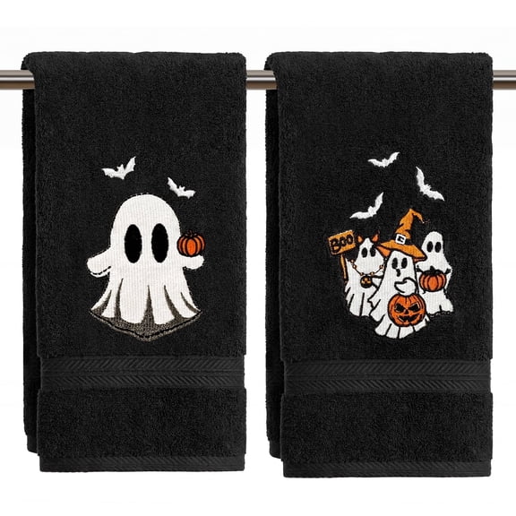 Sm:)e 2 Pc Double Pattern,Jack-o'-lantern Bat White Ghosts Embroidered Halloween Hand Towel, 100% Cotton Absorbent Towel, 13.7 x 29.5 Inch, Black