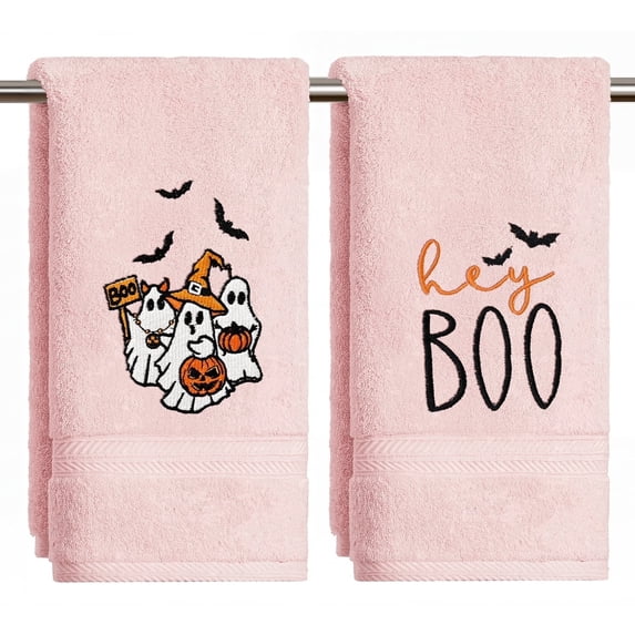 Sm:)e 2 Pc Jack-o'-lantern Bat White Ghosts Embroidered Halloween Hand Towel, 100% Cotton Absorbent Towel, 13.7 x 29.5 Inch, Pink