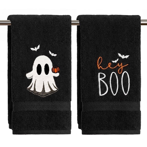 Sm:)e 2 Pc Pumpkin Bat White Ghosts Embroidered Halloween Hand Towel, 100% Cotton Absorbent Towel, 13.7 x 29.5 Inch, Black