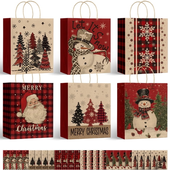 Sm:)e 24 Pack Christmas Gift Paper Bags Bulk with handles Wrapping, Buffalo Plaid Santa Christmas Trees Snowman Xmas Holiday Presents(24 Large)