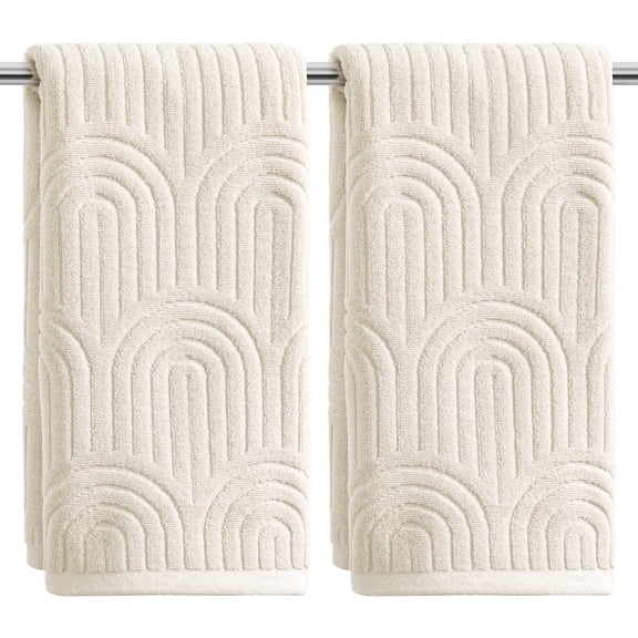Sm:)e 2PC Arched Wave Jacquard Towel 13x30 Inches, 100% Cotton Quick-Dry High Absorbency Luxury Bath Towel, Beige