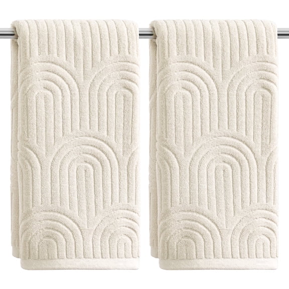 Sm:)e 2PC Arched Wave Jacquard Bath Hand Towel 13x30 Inches, 100% Cotton Quick-Dry High Absorbency Luxury Bath Towel, Beige