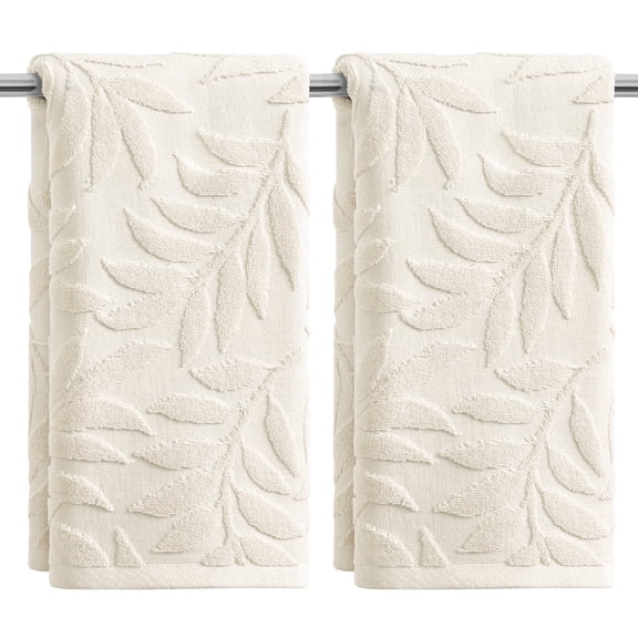 Sm:)e 2PC Leaves Jacquard Towel 13x30 Inches, 100% Cotton Quick-Dry High Absorbency Luxury Bath Towel, Beige