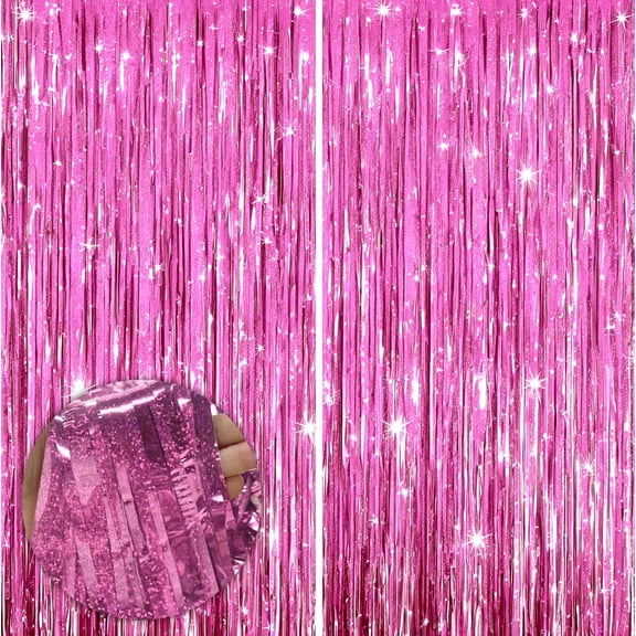 m:)e 4‑Pack Pink Foil Fringe Curtains, Shiny Metallic Tinsel Backdrop for Birthday, Wedding, Graduation, Christmas, Baby Shower & Festival Photo Booth Decor