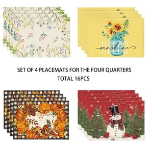 Sm:)e 4 Set Total 16PCS Seasonal Decorative Placemats, All Season Polyester Durable Vintage Rustic Table Mats for Kitchen Home Farmhouse Cabin Decor Holiday Celebration