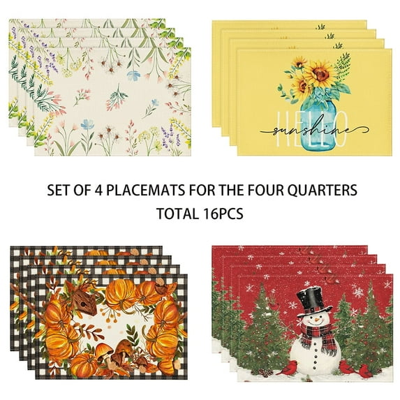 Sm:)e 4 Set Total 16PCS Seasonal Decorative Placemats, All Season Polyester Durable Vintage Rustic Table Mats for Kitchen Home Farmhouse Cabin Decor Holiday Celebration