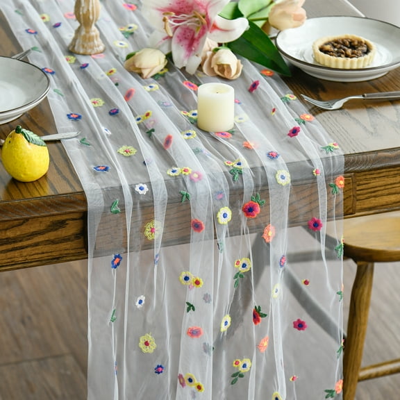 Sm:)e 6PC Embroidered Daisy Gauze Table Runner 120 Inches (10 Feet), Seasonal Sheer Decor for Kitchen & Dining Spaces, Ideal for Holidays, Weddings, Birthdays & Home Parties